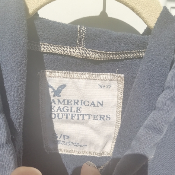 American Eagle Men's Navy Blue Hoodie Yellow Lettering Size Small Spell Out - Picture 4 of 8